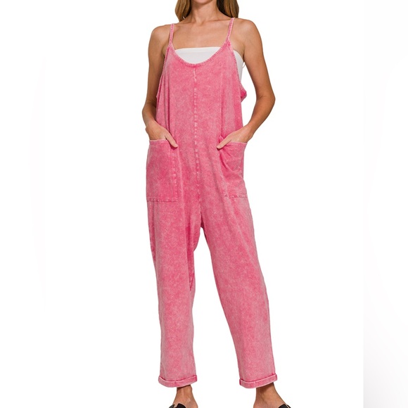 Zenana Outfitters Pants - Washed Spaghetti Straps Overalls with Pockets - Fuchsia